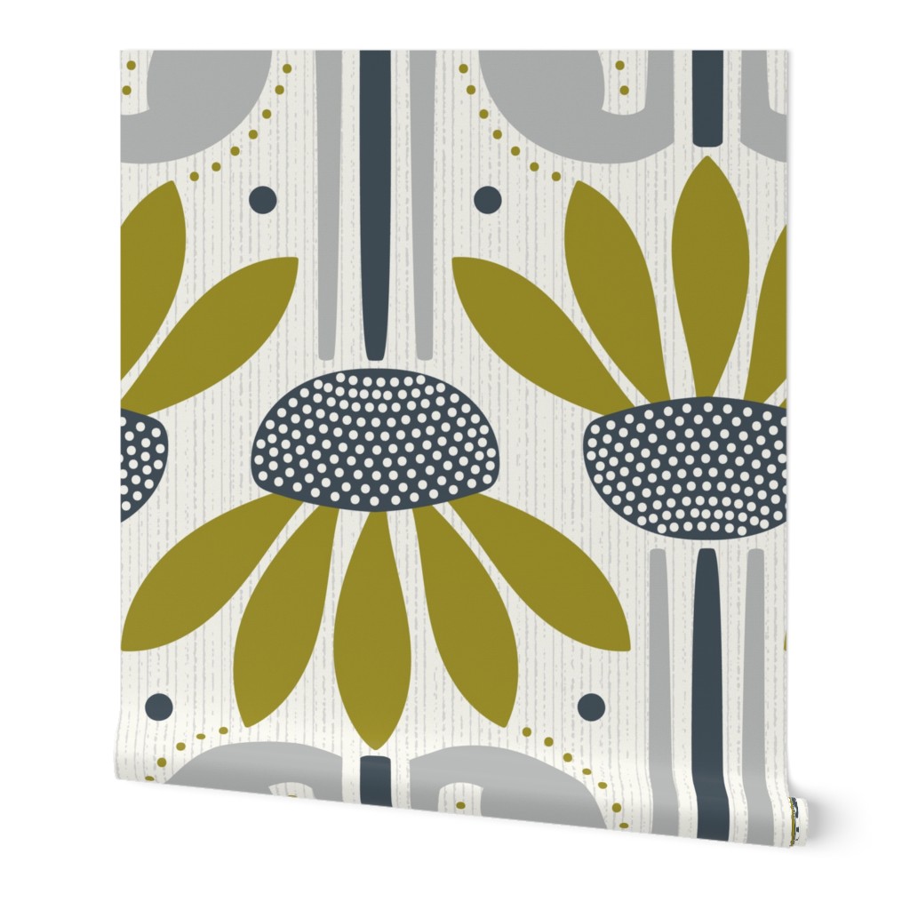 Coneflower Power - Mid Century Modern Floral Ivory Olive Blue Large Scale