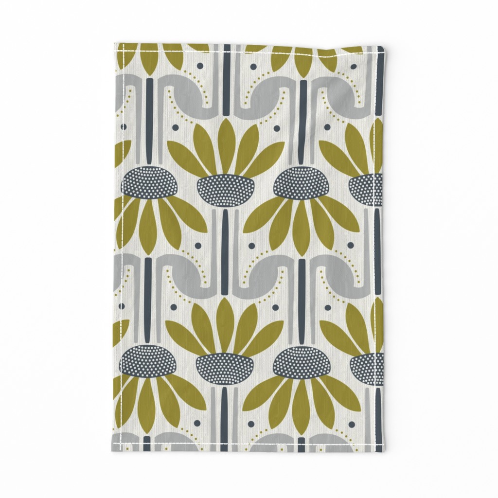 Coneflower Power - Mid Century Modern Floral Ivory Olive Blue Large Scale