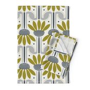 Coneflower Power - Mid Century Modern Floral Ivory Olive Blue Large Scale