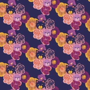 Multi-color flower cats on violet background (small)