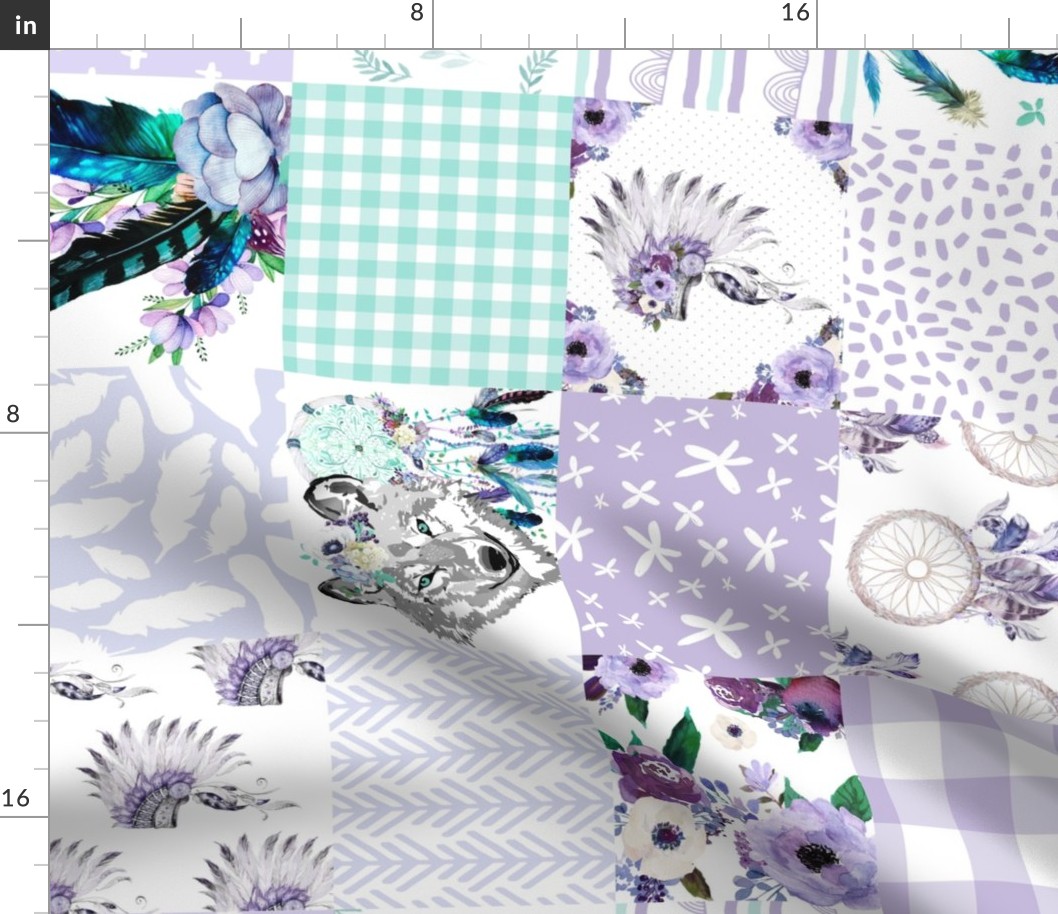 Girls Lilac Boho Wolf Cheater Quilt with touches of Teal and Aqua - 90 degrees