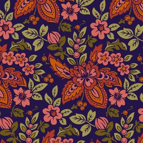 Folk-inspired floral pattern with navy backdrop and warm coral blooms.