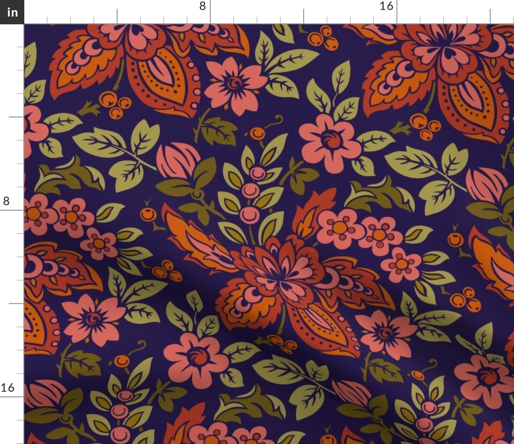Folk-inspired floral pattern with navy backdrop and warm coral blooms.