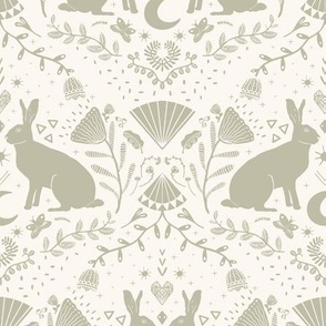  art deco rabbit with flowers and butterflies- teal and beige- Rabbit Fortune Collection