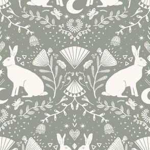 Mid Scale geometric art deco year of the rabbit floral  teal and beige