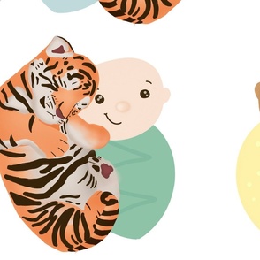 Large Baby Cuddling Tiger Cub - Future Paradise Goals Nursery Fabric + Wallpaper