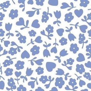 French Country Ditsy Heart Floral in White + Periwinkle Blue