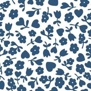 French Country Ditsy Heart Floral in White + Dusty Blue