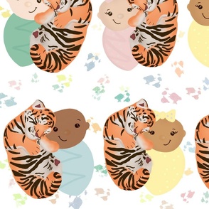 Medium Baby Cuddling Tiger Cub - Future Paradise Goals Nursery Fabric + Wallpaper