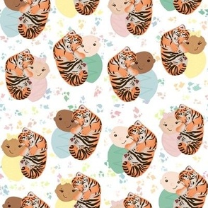 Small Baby Cuddling Tiger Cub - Future Paradise Goals Nursery Fabric + Wallpaper