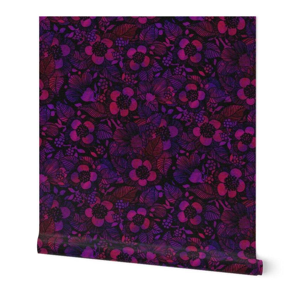 m Hand drawn watercolor texture raspberry florals berries - wine red purple