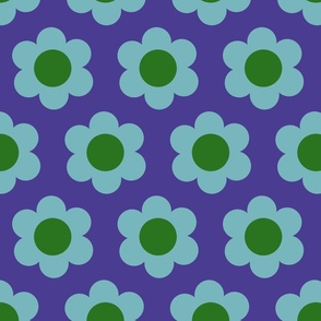 Medium 60s Flower Power Daisy - light aqua blue on dark slate blue with green center - retro floral 