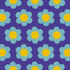 Small 60s Flower Power Daisy - light aqua blue on dark slate blue with yellow center- retro floral 