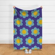 Jumbo 60s Flower Power Daisy - light aqua blue on dark slate blue with yellow center- retro floral 