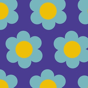 Large 60s Flower Power Daisy - light aqua blue on dark slate blue with yellow center- retro floral 