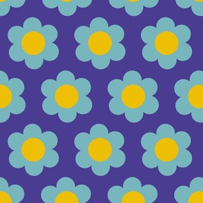 Medium 60s Flower Power Daisy - light aqua blue on dark slate blue with yellow center- retro floral 