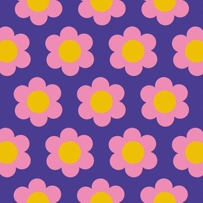 Small 60s Flower Power Daisy - pink on dark slate blue - retro floral