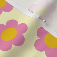 Small 60s mod Flower Power Daisy - pink on lemon chiffon light yellow - retro floral 