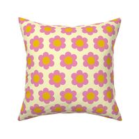 Small 60s mod Flower Power Daisy - pink on lemon chiffon light yellow - retro floral 