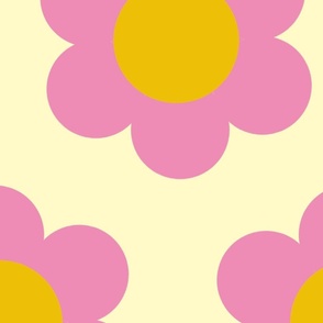Jumbo 60s Flower Power Daisy - pink on lemon chiffon light yellow - retro floral