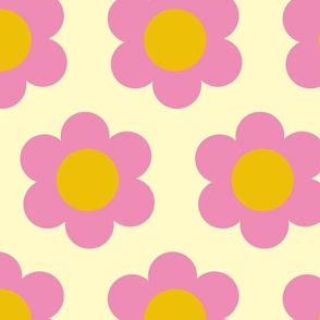Large 60s Flower Power Daisy - pink on lemon chiffon light yellow - retro floral 
