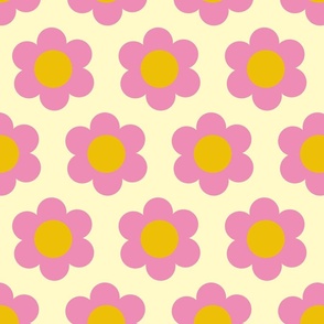 Medium 60s Flower Power Daisy - pink on lemon chiffon light yellow - retro floral 