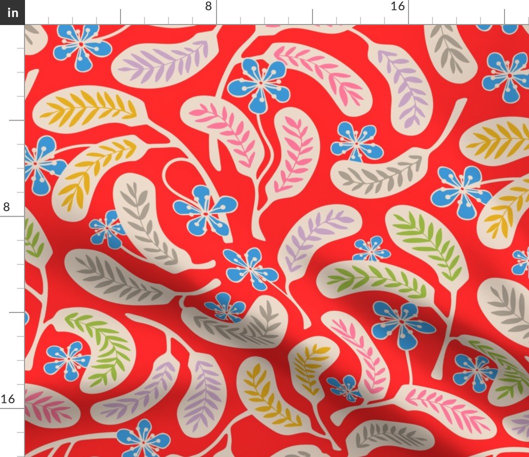 Hilo Vintage 1950s Hawaiian Style Tropical Floral in Blue Purple Green Pink Yellow Cream on Coral Red - MEDIUM Scale - UnBlink Studio by Jackie Tahara