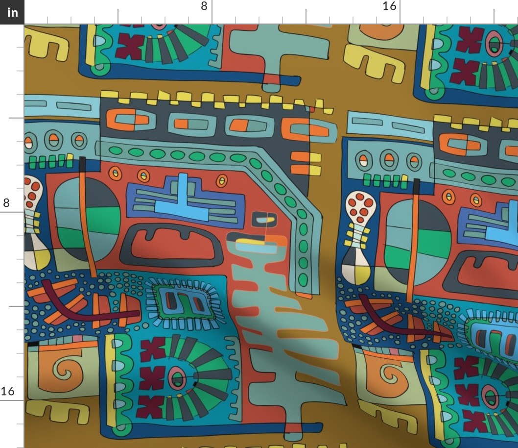 bright multi-color tribal shapes on nutmeg background