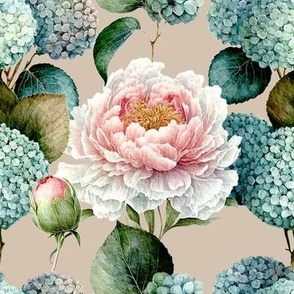 White peony and blue hydrangea watercolor elegant pastel summer floral 