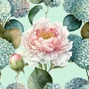 White peony and blue hydrangea watercolor elegant pastel summer floral 