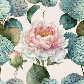 White peony and blue hydrangea watercolor elegant pastel summer floral 