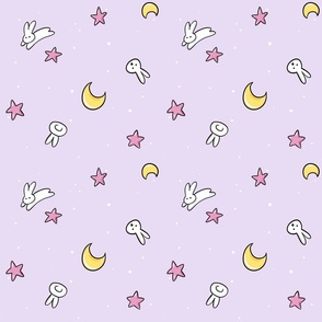 Sweet bunnies Moon and stars throwback to 90s usagi blanket, small scale, saturated pastel, black outline