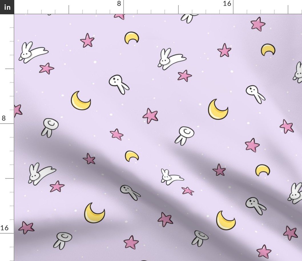 Sweet bunnies Moon and stars throwback to 90s usagi blanket, small scale, saturated pastel, black outline