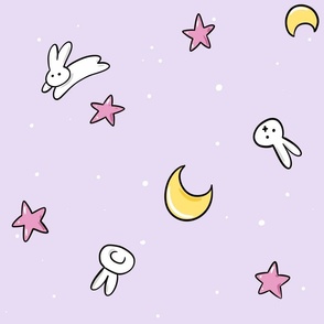 Sweet bunnies Moon and stars throwback to 90s usagi blanket, Big scale, saturated pastel, black outline