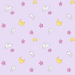 Sweet bunnies Moon and stars throwback to 90s usagi blanket, small scale, saturated pastel