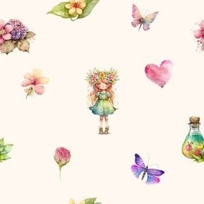 Fairy, Butterflies, Flowers and Heart