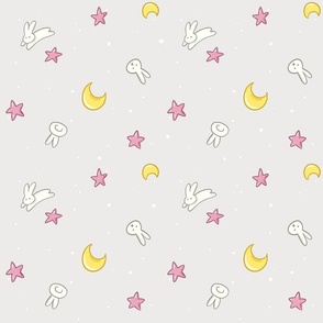 Sweet bunnies Moon and stars throwback to 90s usagi blanket, small scale,  desaturated pastel, light