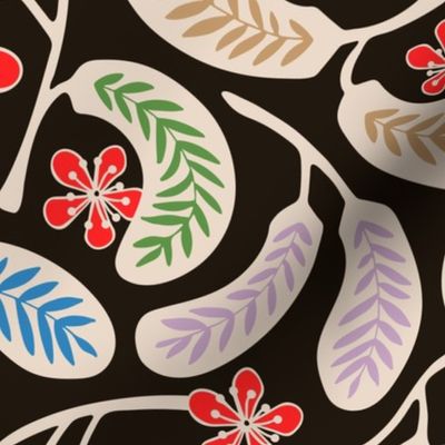 Hilo Vintage 1950s Hawaiian Style Tropical Floral in Coral Red Purple Green Blue Brown Cream on Charcoal - MEDIUM Scale - UnBlink Studio by Jackie Tahara