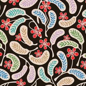 Hilo Vintage 1950s Hawaiian Style Tropical Floral in Coral Red Purple Green Blue Brown Cream on Charcoal - MEDIUM Scale - UnBlink Studio by Jackie Tahara