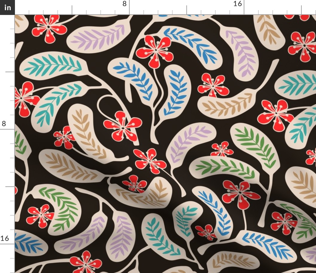 Hilo Vintage 1950s Hawaiian Style Tropical Floral in Coral Red Purple Green Blue Brown Cream on Charcoal - MEDIUM Scale - UnBlink Studio by Jackie Tahara