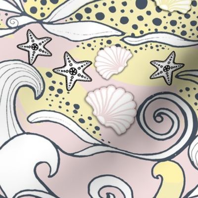 pink ocean waves with starfish and sea shells in piglet and butter