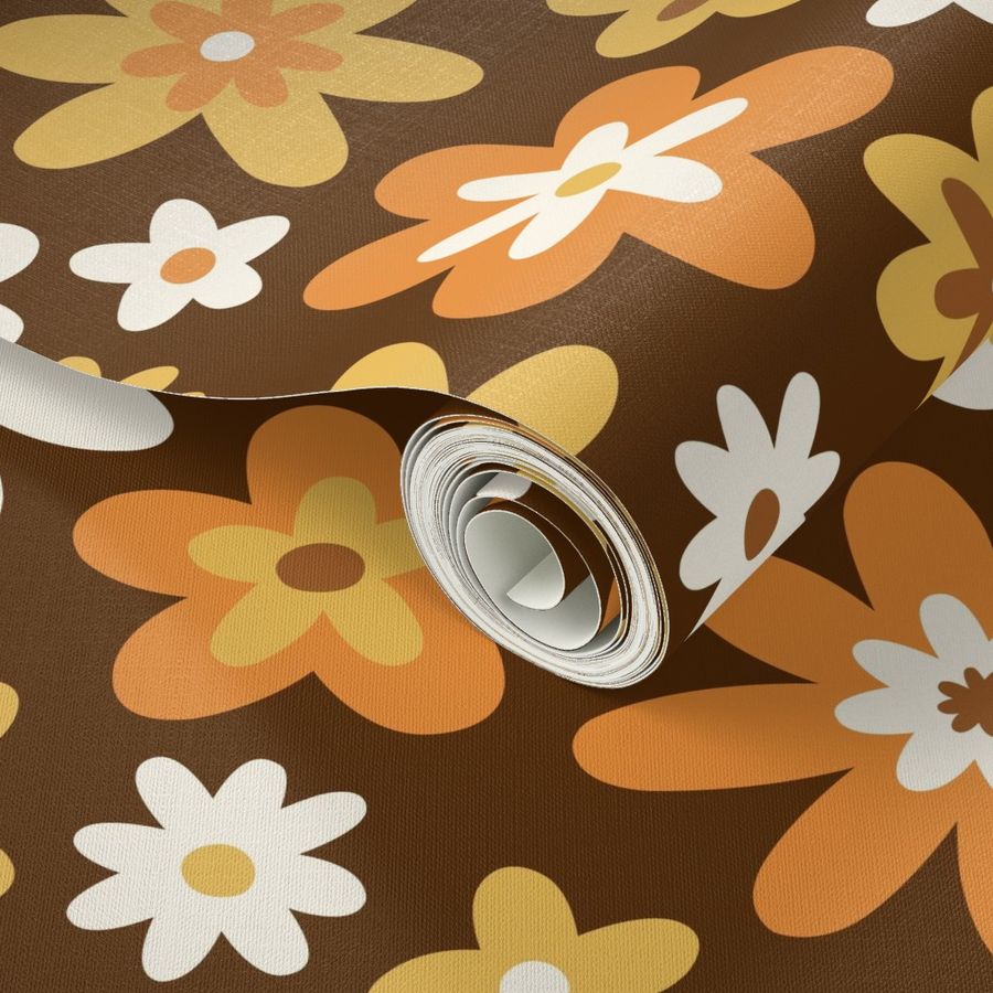 Retro Floral in 70s Colors on Dark Brown