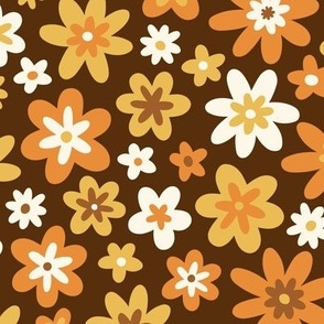 Retro Floral in 70s Colors on Dark Brown