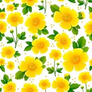 Medium Scale Yellow Buttercup Flowers on White