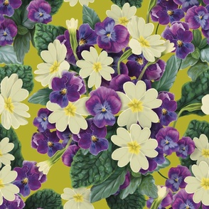 Violets and Primrose on Yellow