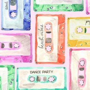 Colorful cassettes watercolors over pink backgroound