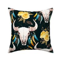 Tribal Buffalo Skull with Feather Adornments and Yellow Roses