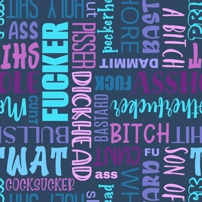 Large Scale Swear Word Scatter in Blues and Purples on Navy
