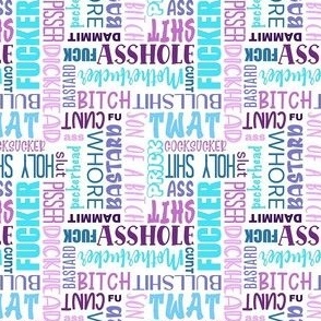 Small Scale Swear Word Scatter in Blues and Purples on White