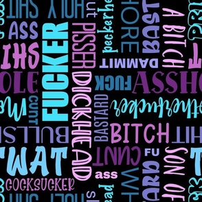 Large Scale Swear Word Scatter in Blues and Purples on White